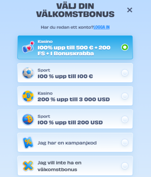 Bonus för registrering på OnlySpins Casino för svenska spelare